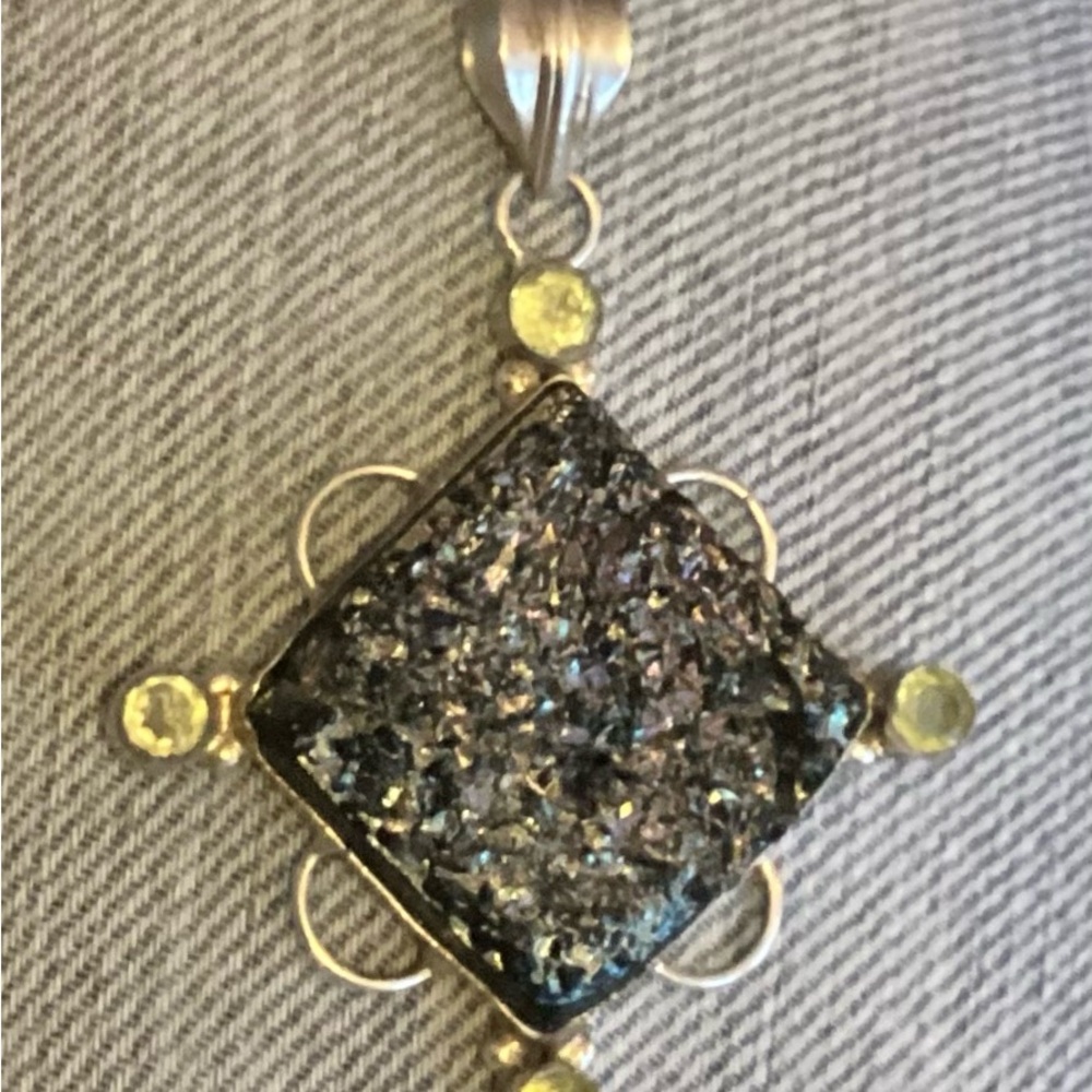 Boho  Black and Gold Pendant druzy and rhinestone no chain